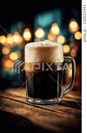 A frothy dark stout beer on wooden bar table in warm bokeh ambient pub setting background, concept of cozy relaxation pub mood 138025443
