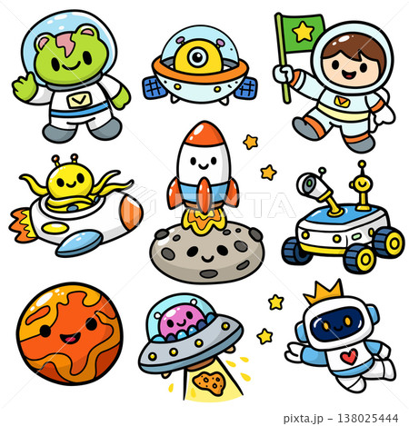 Cartoon astronaut, alien, rocket, planet, spaceship, rover, and stars in colorful space adventure 138025444