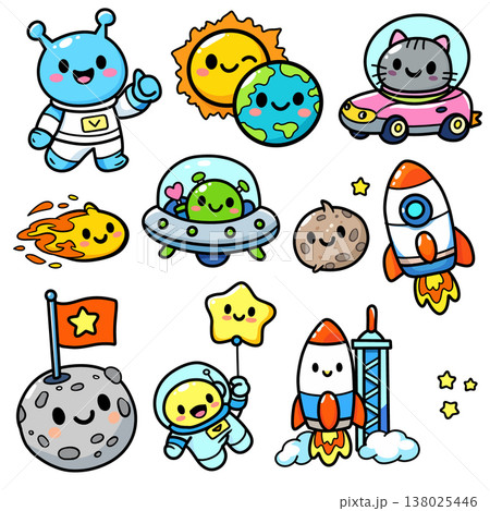 Cute astronaut sun earth cat rocket comet alien moon flag star cartoon space 138025446