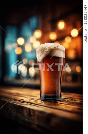 A frothy craft ruby beer on wooden bar table in warm bokeh ambient pub setting background, concept of cozy relaxation pub mood 138025447