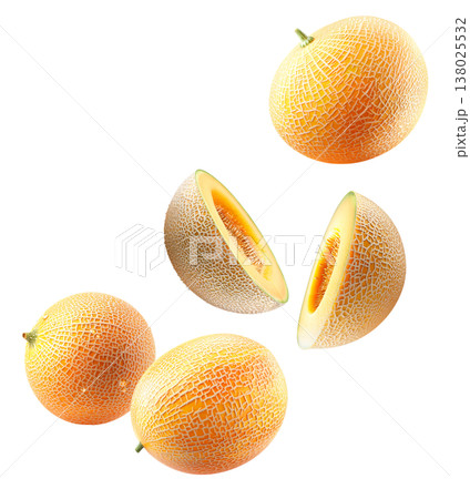 Fresh cantaloupe melon slices arranged in a seamless pattern isolated on white background, summer fruit freshness and health 138025532
