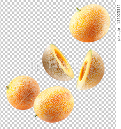 Fresh cantaloupe melon slices arranged in a seamless pattern isolated on white background, summer fruit freshness and health 138025532