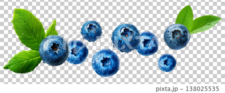 Close-up of ripe blueberries with water droplets and green leaves on white background, symbolizing freshness and healthy eating Close-up of ripe blueberries with water droplets and green leaves on white background, symbolizing freshness and healthy eating 138025535