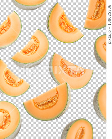 Fresh cantaloupe melon wedges with seeds displayed in a scattered seamless pattern, on white background, concept of summer fruit 138025536