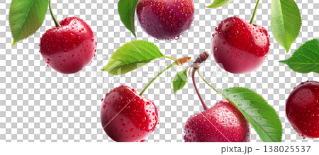 Juicy red cherries with fresh green leaves and water droplets, isolated on a white background, concept of freshness Juicy red cherries with fresh green leaves and water droplets, isolated on a white background, concept of freshness 138025537