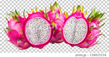 Whole and halved dragon fruits with vibrant pink skin and white flesh with seeds, on white background, concept of tropical food Whole and halved dragon fruits with vibrant pink skin and white flesh with seeds, on white background, concept of tropical food 138025538