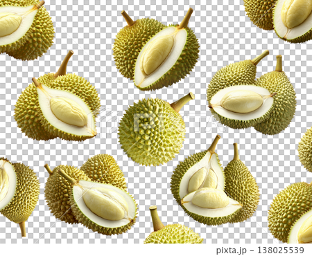 Whole and cut durian fruits arranged in a seamless pattern, isolated on white background. Concept of tropical food and exotic fruit Whole and cut durian fruits arranged in a seamless pattern, isolated on white background. Concept of tropical food and exotic fruit 138025539