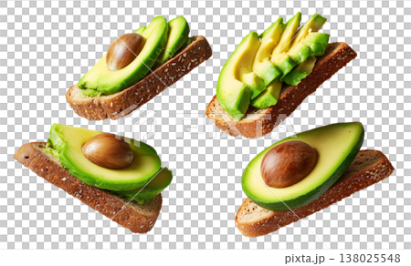 Rye toasts topped with avocado, seeds, egg yolk, and herbs, floating against white background, concept of healthy breakfast meal Rye toasts topped with avocado, seeds, egg yolk, and herbs, floating against white background, concept of healthy breakfast meal 138025548