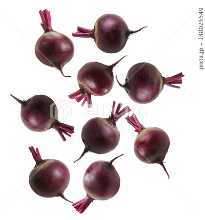 Whole red beetroots arranged in a scattered pattern, isolated on a white background, representing organic vegetables Whole red beetroots arranged in a scattered pattern, isolated on a white background, representing organic vegetables 138025549
