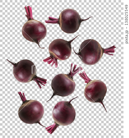 Whole red beetroots arranged in a scattered pattern, isolated on a white background, representing organic vegetables 138025549