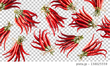 Bunches of red chili peppers with green leaves isolated  on white background, concept of spice and flavor 138025559