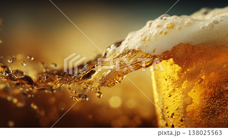A dynamic splash of golden beer overflowing with foam on warm blurred background, concept of refreshment and celebration A dynamic splash of golden beer overflowing with foam on warm blurred background, concept of refreshment and celebration 138025563