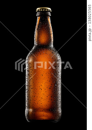 Chilled beer bottle covered in droplets isolated on a dark background with clipping path, concept of freshness and cold beverages Chilled beer bottle covered in droplets isolated on a dark background with clipping path, concept of freshness and cold beverages 138025565