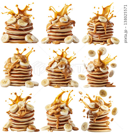 Stack of pancakes topped with banana slices and peanut butter splash isolated on white transparent background Stack of pancakes topped with banana slices and peanut butter splash isolated on white transparent background 138025571