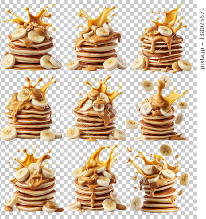 Stack of pancakes topped with banana slices and peanut butter splash isolated on white transparent background Stack of pancakes topped with banana slices and peanut butter splash isolated on white transparent background 138025571