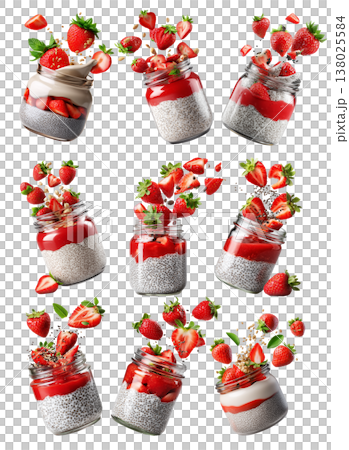 Chia pudding in glass jar with strawberries, nuts, and mint flying above isolated on white transparent background 138025584