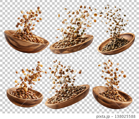 Brown lentils flying from natural wooden bowl, isolated on white transparent background, concept of healthy eating 138025588