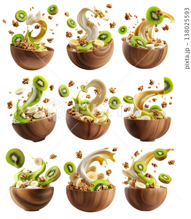 Fresh banana, kiwi, crunchy walnuts and granola with creamy yogurt smoothie splash in wooden bowl isolated on white background Fresh banana, kiwi, crunchy walnuts and granola with creamy yogurt smoothie splash in wooden bowl isolated on white background 138025593