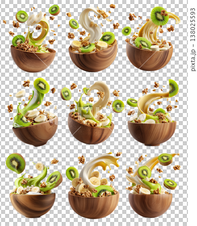 Fresh banana, kiwi, crunchy walnuts and granola with creamy yogurt smoothie splash in wooden bowl isolated on white background Fresh banana, kiwi, crunchy walnuts and granola with creamy yogurt smoothie splash in wooden bowl isolated on white background 138025593