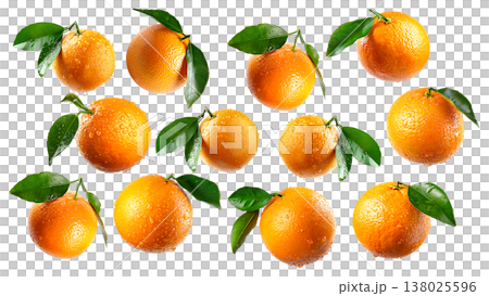 Whole and halved fresh oranges with green leaves, isolated on white background, concept of freshness and healthy food Whole and halved fresh oranges with green leaves, isolated on white background, concept of freshness and healthy food 138025596