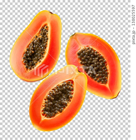 Multiple ripe papaya halves with dark seeds shown isolated on white background, representing a fresh tropical fruit concept Multiple ripe papaya halves with dark seeds shown isolated on white background, representing a fresh tropical fruit concept 138025597