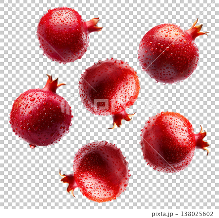 Multiple fresh red pomegranates with water droplets in a seamless pattern, isolated on a white background, concept of freshness Multiple fresh red pomegranates with water droplets in a seamless pattern, isolated on a white background, concept of freshness 138025602