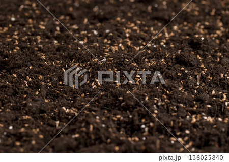 fertile soil with the addition of ripe flax seeds to obtain a new crop, a large number of small brown flax seeds scattered on brown soil in the field to harvest flax for industrial use fertile soil with the addition of ripe flax seeds to obtain a new crop, a large number of small brown flax seeds scattered on brown soil in the field to harvest flax for industrial use 138025840