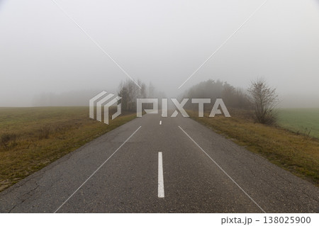 an asphalt road for cars in cloudy weather, the road and fog in the distance that obscures visibility, yellow grass and shrubs without foliage grow along the road an asphalt road for cars in cloudy weather, the road and fog in the distance that obscures visibility, yellow grass and shrubs without foliage grow along the road 138025900