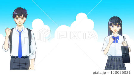 広がる青空、夏服の高校生または中学生の男女のアニメ風イラスト 広がる青空、夏服の高校生または中学生の男女のアニメ風イラスト 138026021
