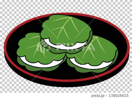 Illustration of kashiwa mochi (rice cakes wrapped in oak leaves) for Tango no Sekku (Boys' Festival) - 3 pieces (served on a tray) Illustration of kashiwa mochi (rice cakes wrapped in oak leaves) for Tango no Sekku (Boys' Festival) - 3 pieces (served on a tray) 138026025