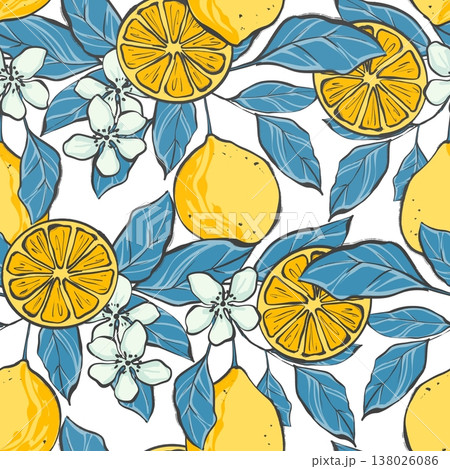 Vibrant seamless pattern with yellow lemons, citrus slices, white flowers and contrasting blue leaves on white background 138026086