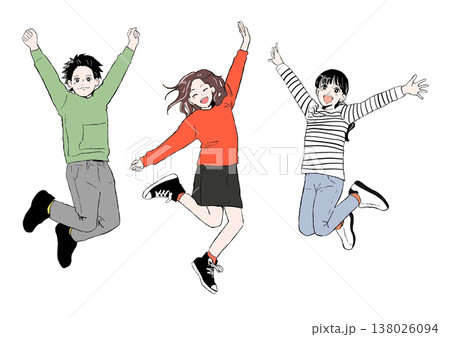 元気いっぱいジャンプする3人の小学生 友達 138026094