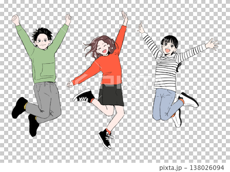 元気いっぱいジャンプする3人の小学生 友達 138026094