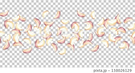 Garlic cloves with and without peel seamless border. Watercolor fragrant vegetables food hot seasoning. Hand painted illustration isolated from background for product packaging, kitchen fabric pattern 138026129