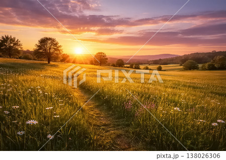 草原に沈む夕日・AI生成画像 138026306