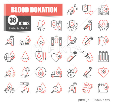 Blood donation thin color line icons set. Charity, transfusion, laboratory test, and medical healthcare linear vector symbols. 138026369