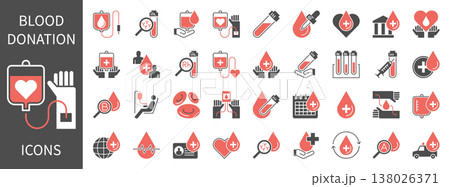 Blood donation glyph or solid line icons set. Charity, transfusion, laboratory test, and medical healthcare vector symbols. 138026371