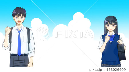 広がる青空、夏服の高校生または中学生の男女のアニメ風イラスト 138026409