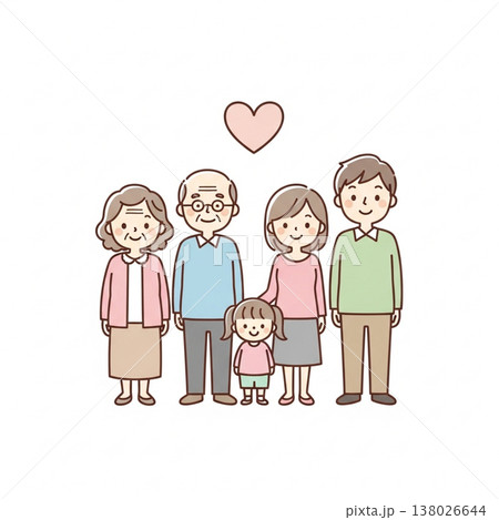 三世代家族のほっこりイラスト｜祖父母・両親・子供の笑顔の集合 138026644