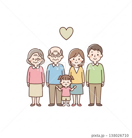 三世代家族のほっこりイラスト｜祖父母・両親・子供の笑顔の集合 138026710