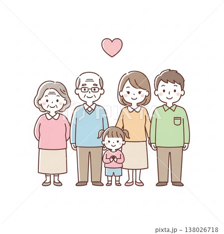 三世代家族のほっこりイラスト｜祖父母・両親・子供の笑顔の集合 138026718