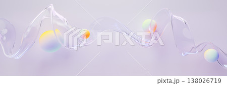 Liquid glass transparent ribbon flowing on light purple pastel background with soft color gradient spheres. Abstract curve wave line, crystal clear water flow with holographic balls. 3D illustration 138026719