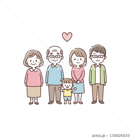 三世代家族のほっこりイラスト|祖父母・両親・子供の笑顔の集合 三世代家族のほっこりイラスト|祖父母・両親・子供の笑顔の集合 138026810