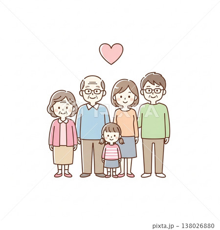 三世代家族のほっこりイラスト｜祖父母・両親・子供の笑顔の集合 138026880