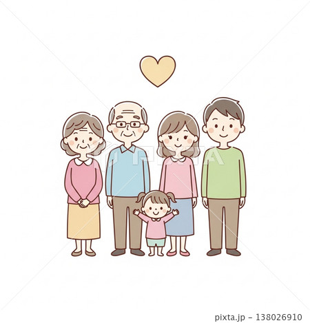 三世代家族のほっこりイラスト｜祖父母・両親・子供の笑顔の集合 138026910