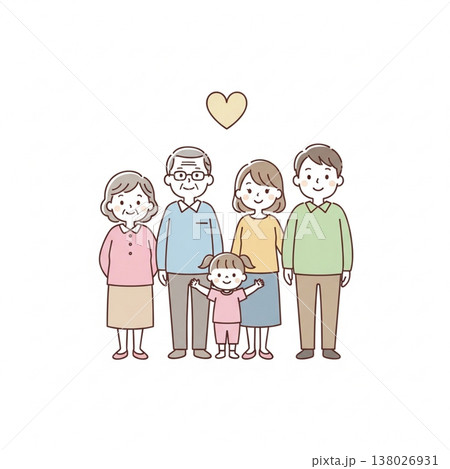 三世代家族のほっこりイラスト|祖父母・両親・子供の笑顔の集合 三世代家族のほっこりイラスト|祖父母・両親・子供の笑顔の集合 138026931