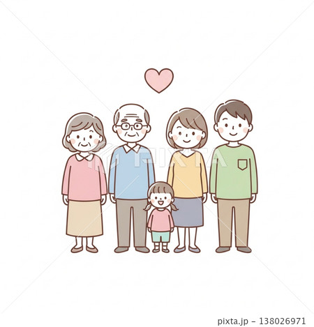 三世代家族のほっこりイラスト｜祖父母・両親・子供の笑顔の集合 138026971