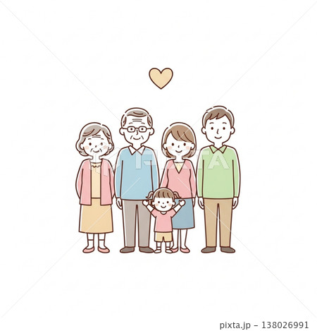 三世代家族のほっこりイラスト|祖父母・両親・子供の笑顔の集合 三世代家族のほっこりイラスト|祖父母・両親・子供の笑顔の集合 138026991