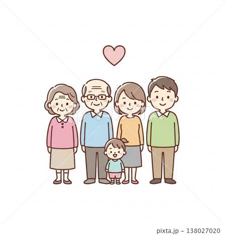 三世代家族のほっこりイラスト|祖父母・両親・子供の笑顔の集合 三世代家族のほっこりイラスト|祖父母・両親・子供の笑顔の集合 138027020