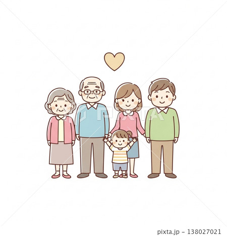 三世代家族のほっこりイラスト|祖父母・両親・子供の笑顔の集合 三世代家族のほっこりイラスト|祖父母・両親・子供の笑顔の集合 138027021